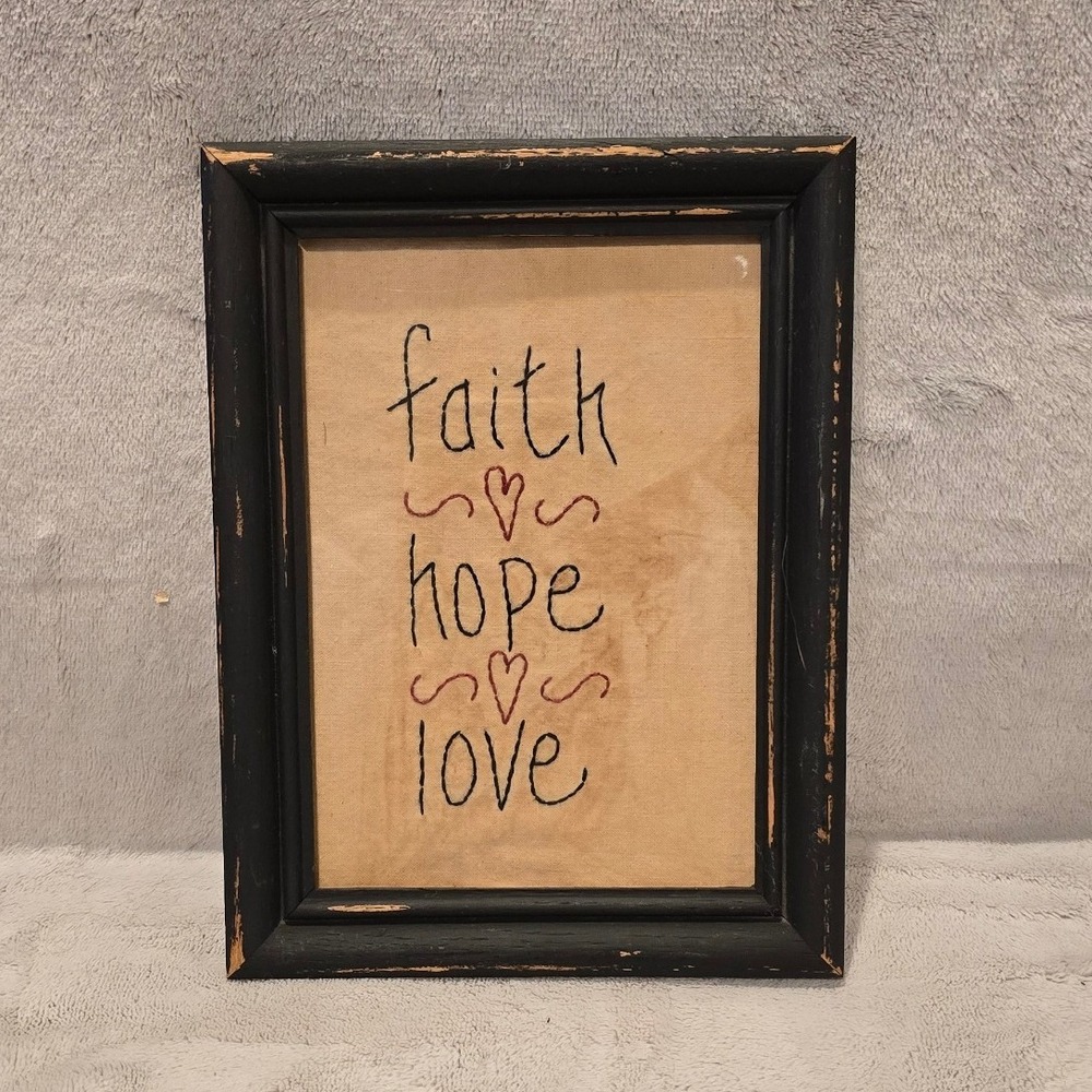 Faith Hope Love Framed Primitive Hand Embroidery Wall Art Decor Distressed Black